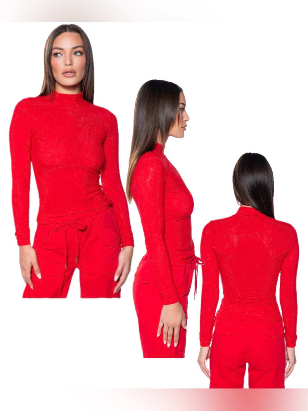 AKIRA RED CLARISSA EMBELLISHED LONG SLEEVE MESH Mock Neck TOP Sz L NWOT Sparkly